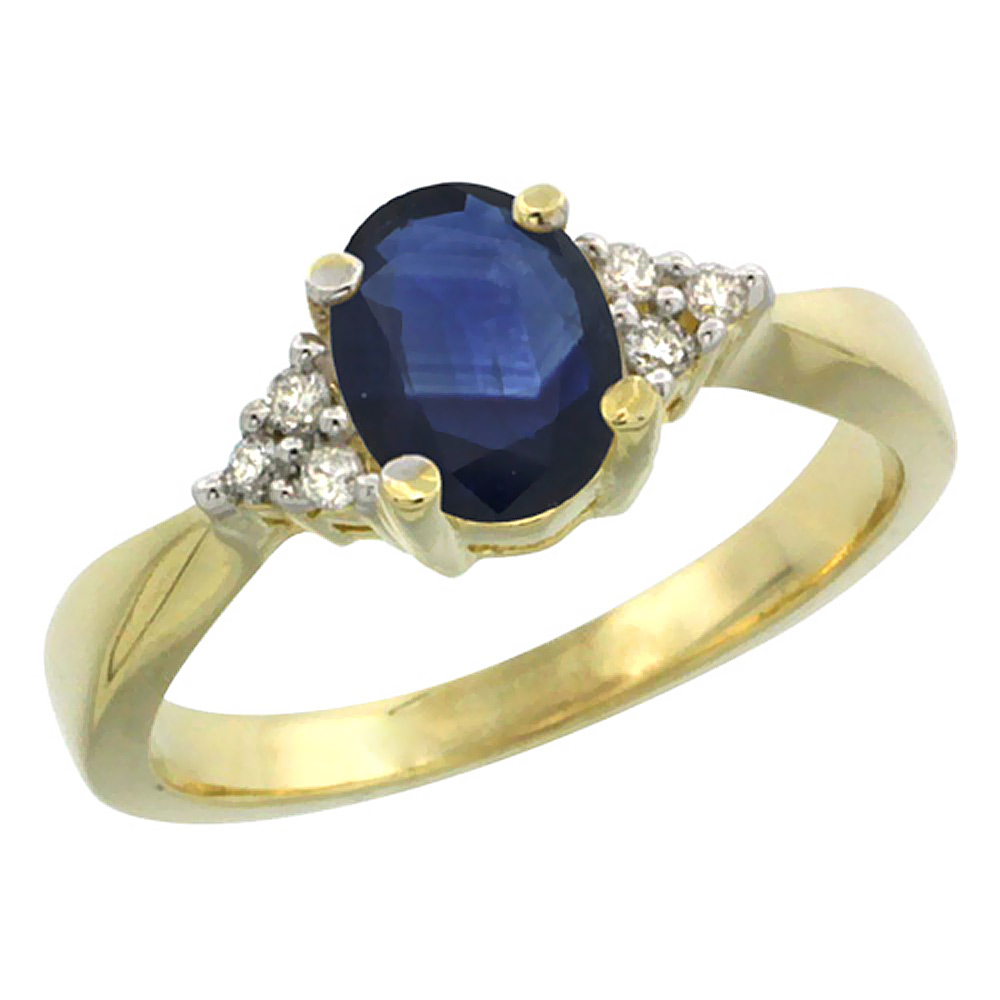 14K Yellow Gold Diamond Natural Blue Sapphire Engagement Ring Oval 7x5mm, sizes 5-10