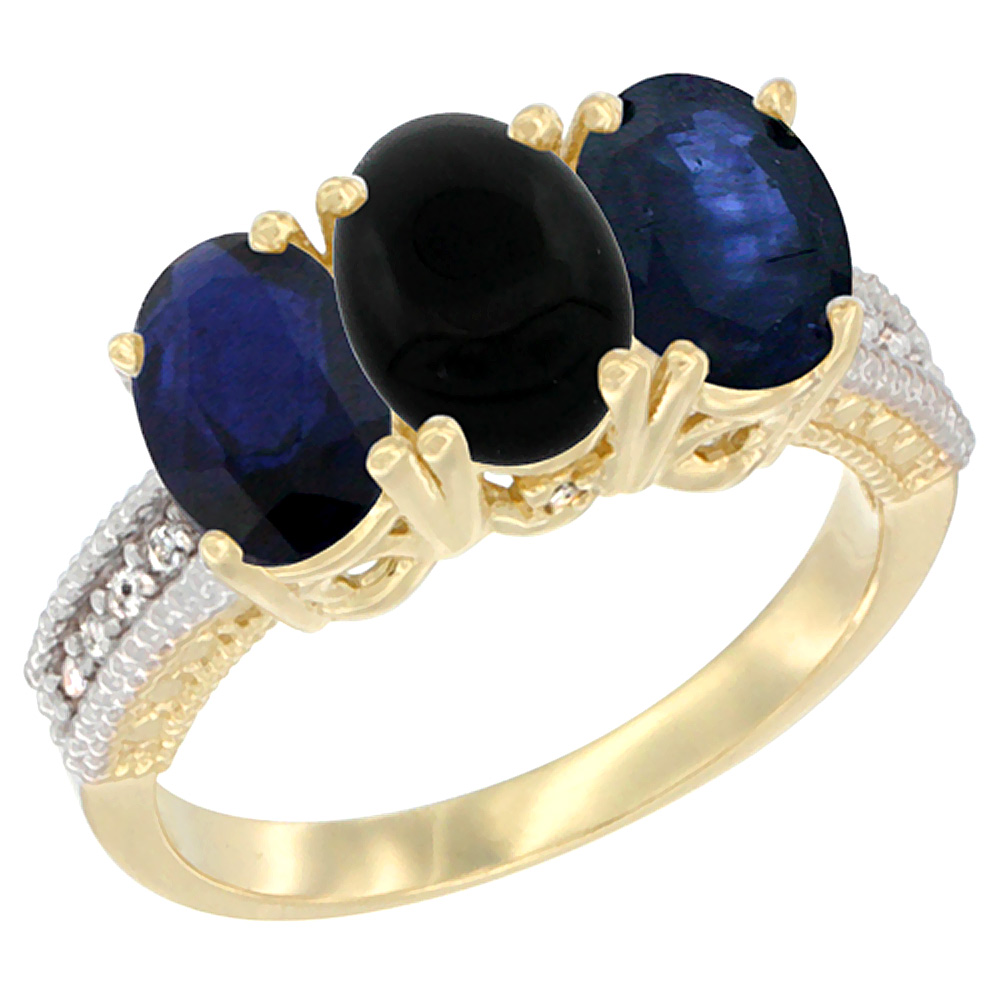 14K Yellow Gold Natural Black Onyx & Blue Sapphire Sides Ring 3-Stone 7x5 mm Oval Diamond Accent, sizes 5 - 10