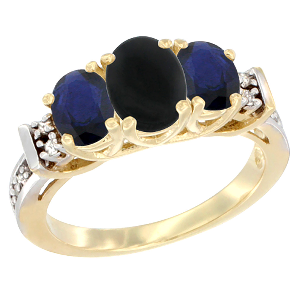 14K Yellow Gold Natural Black Onyx &amp; High Quality Blue Sapphire Ring 3-Stone Oval Diamond Accent