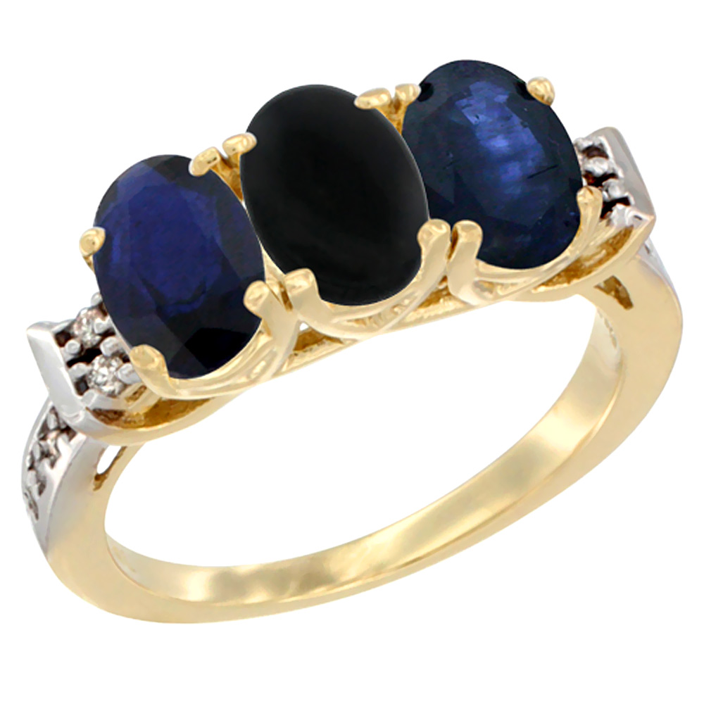 10K Yellow Gold Natural Black Onyx &amp; Blue Sapphire Sides Ring 3-Stone Oval 7x5 mm Diamond Accent, sizes 5 - 10