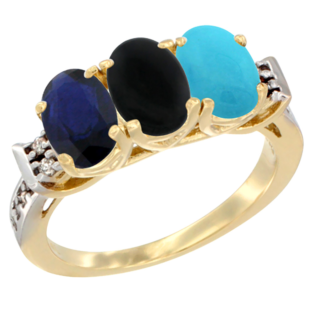 10K Yellow Gold Natural Blue Sapphire, Black Onyx &amp; Turquoise Ring 3-Stone Oval 7x5 mm Diamond Accent, sizes 5 - 10