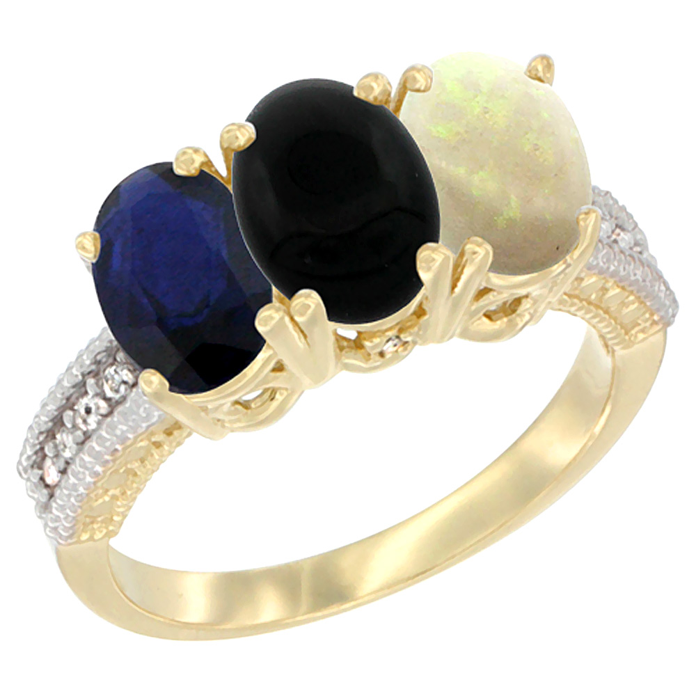 10K Yellow Gold Diamond Natural Blue Sapphire, Black Onyx &amp; Opal Ring 3-Stone 7x5 mm Oval, sizes 5 - 10