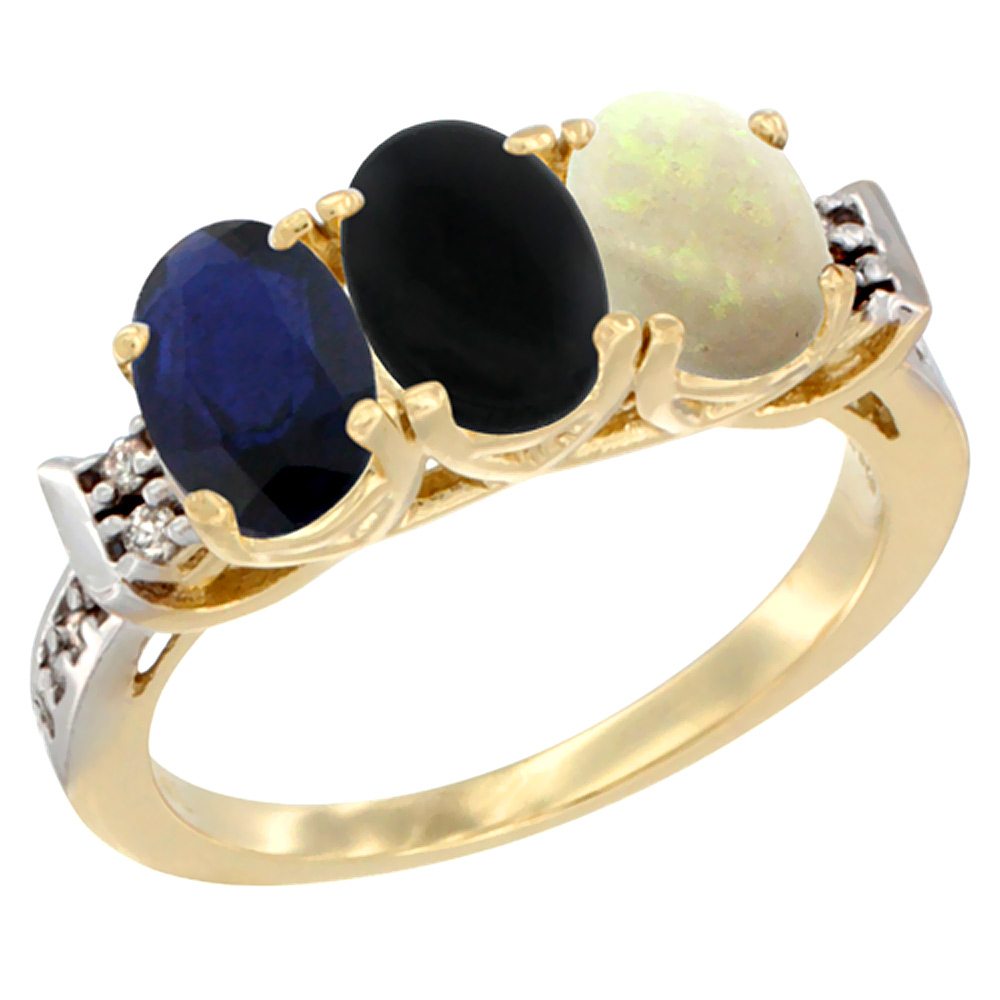 14K Yellow Gold Natural Blue Sapphire, Black Onyx & Opal Ring 3-Stone Oval 7x5 mm Diamond Accent, sizes 5 - 10