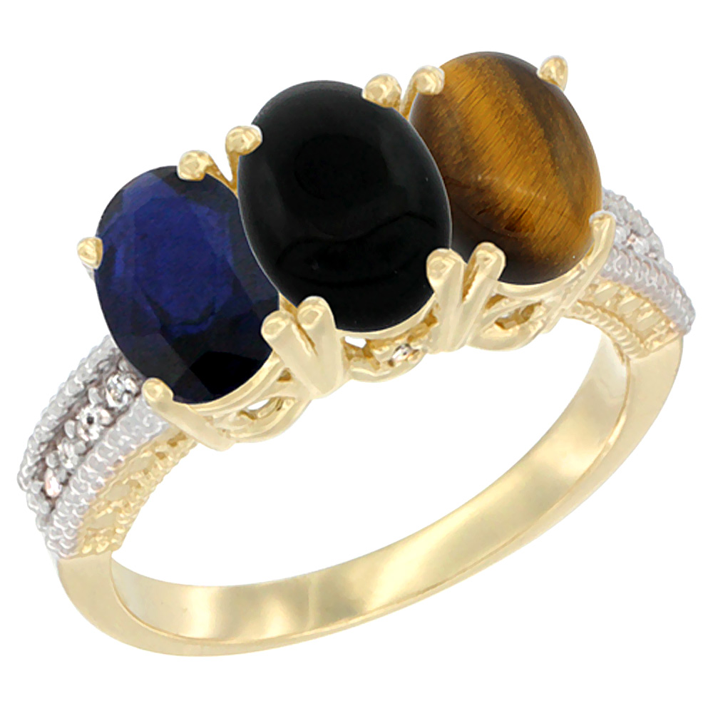 14K Yellow Gold Natural Blue Sapphire, Black Onyx &amp; Tiger Eye Ring 3-Stone 7x5 mm Oval Diamond Accent, sizes 5 - 10