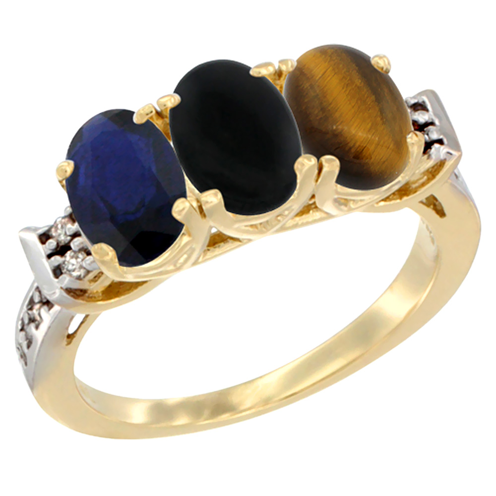 10K Yellow Gold Natural Blue Sapphire, Black Onyx &amp; Tiger Eye Ring 3-Stone Oval 7x5 mm Diamond Accent, sizes 5 - 10