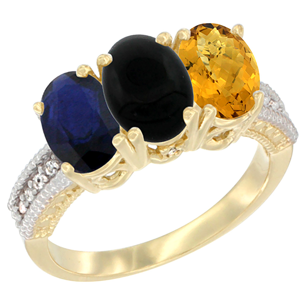 10K Yellow Gold Diamond Natural Blue Sapphire, Black Onyx &amp; Whisky Quartz Ring 3-Stone 7x5 mm Oval, sizes 5 - 10