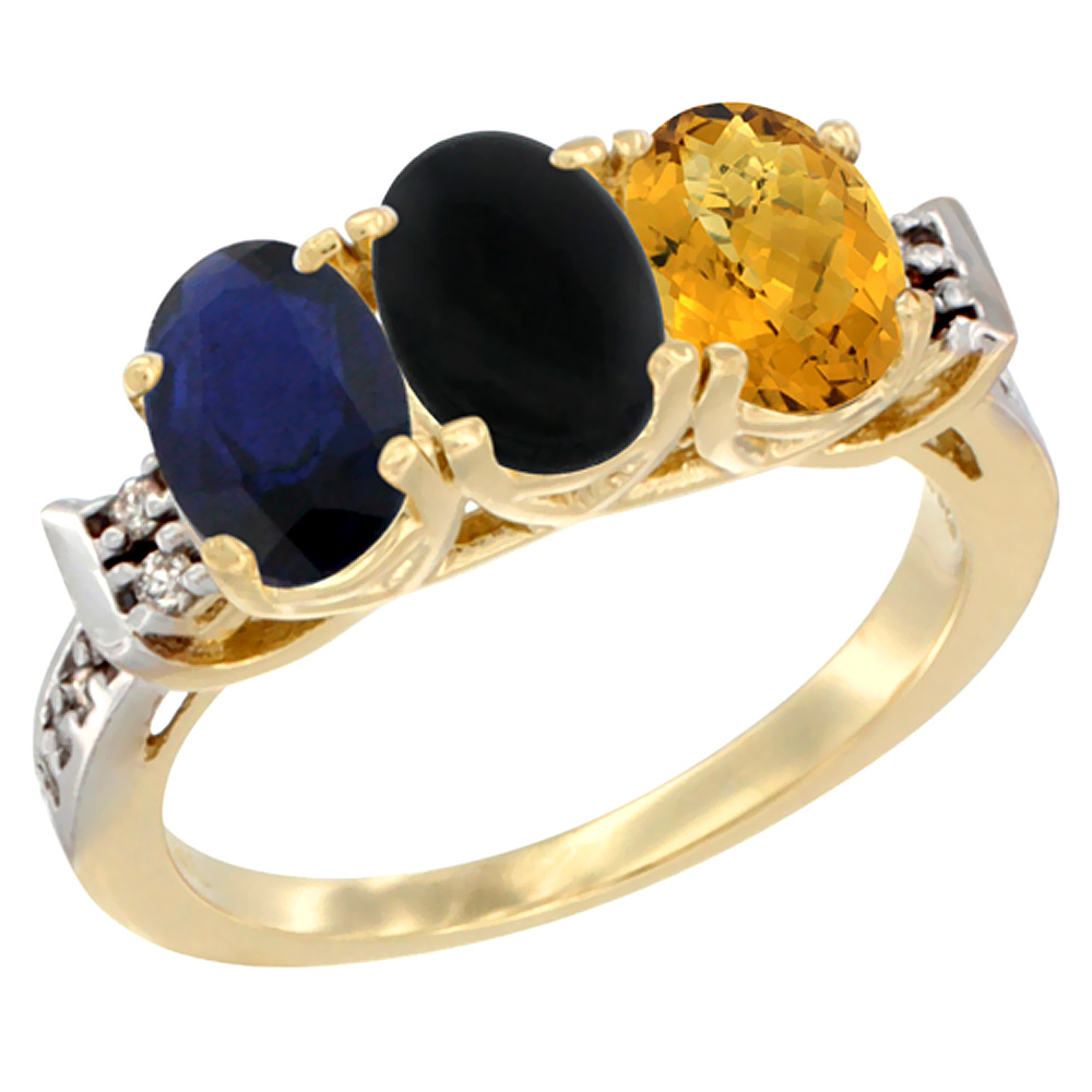 10K Yellow Gold Natural Blue Sapphire, Black Onyx & Whisky Quartz Ring 3-Stone Oval 7x5 mm Diamond Accent, sizes 5 - 10
