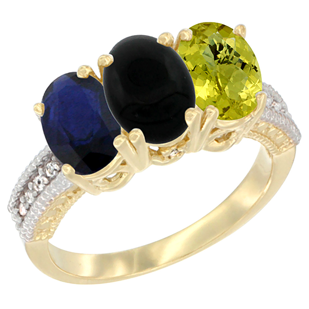 14K Yellow Gold Natural Blue Sapphire, Black Onyx &amp; Lemon Quartz Ring 3-Stone 7x5 mm Oval Diamond Accent, sizes 5 - 10