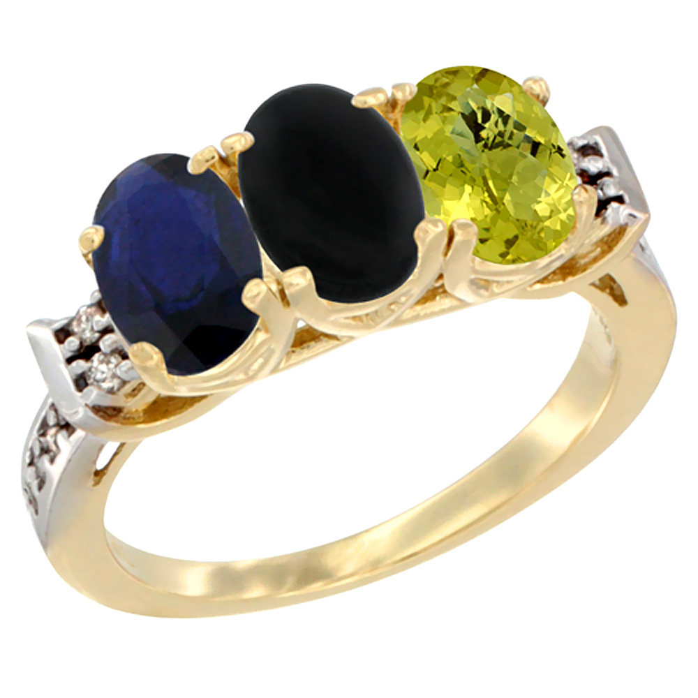 14K Yellow Gold Natural Blue Sapphire, Black Onyx &amp; Lemon Quartz Ring 3-Stone Oval 7x5 mm Diamond Accent, sizes 5 - 10