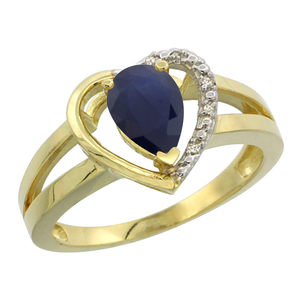 10K Yellow Gold Natural Blue Sapphire Heart Ring Pear 7x5 mm Diamond Accent, sizes 5-10