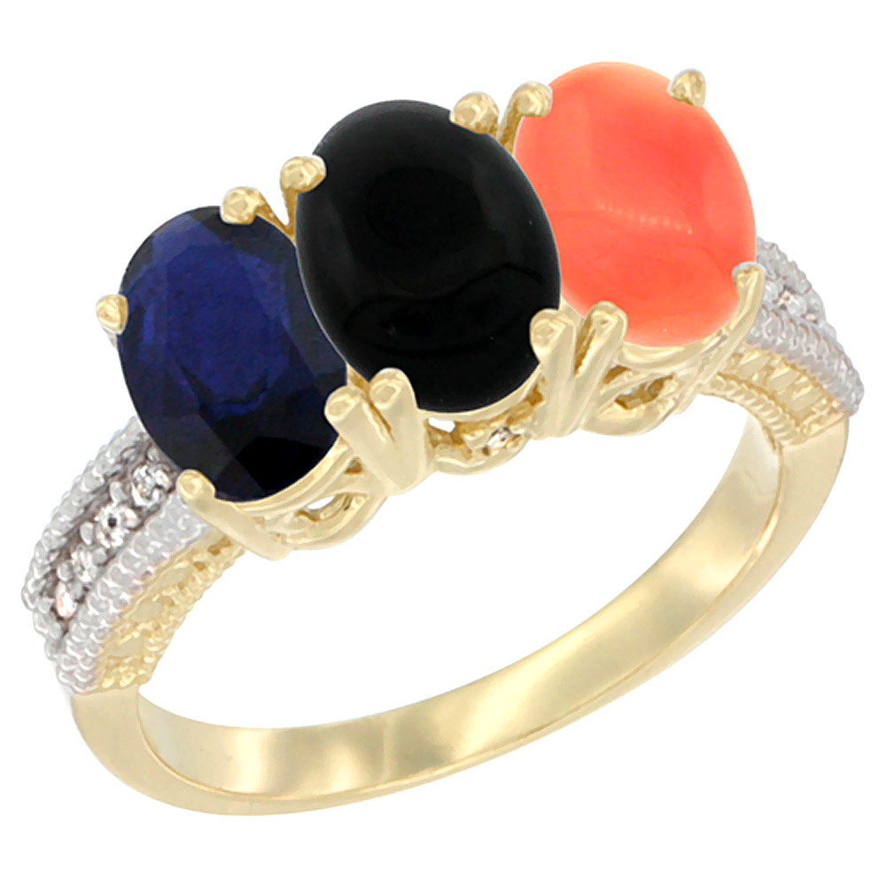 10K Yellow Gold Diamond Natural Blue Sapphire, Black Onyx & Coral Ring 3-Stone 7x5 mm Oval, sizes 5 - 10