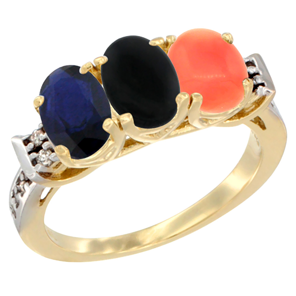 10K Yellow Gold Natural Blue Sapphire, Black Onyx & Coral Ring 3-Stone Oval 7x5 mm Diamond Accent, sizes 5 - 10