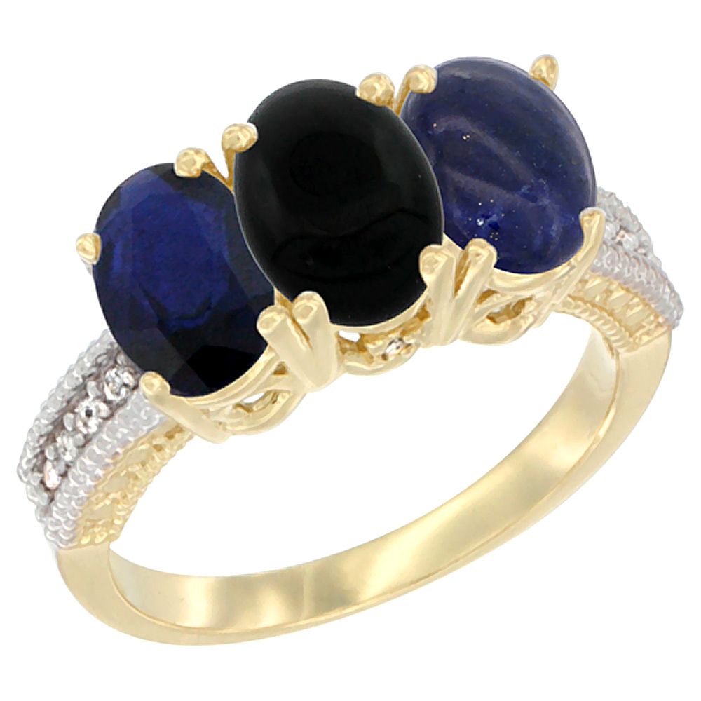 14K Yellow Gold Natural Blue Sapphire, Black Onyx & Lapis Ring 3-Stone 7x5 mm Oval Diamond Accent, sizes 5 - 10