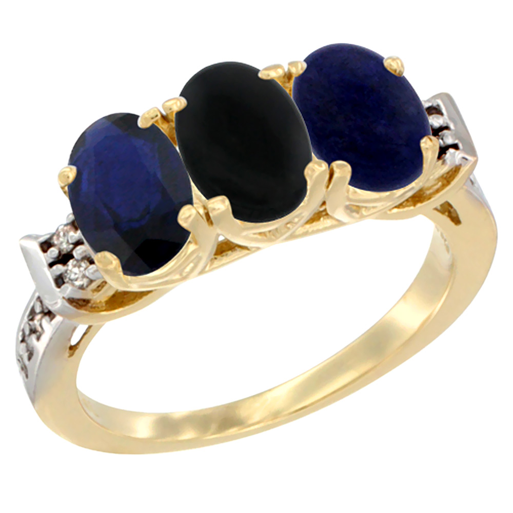 10K Yellow Gold Natural Blue Sapphire, Black Onyx &amp; Lapis Ring 3-Stone Oval 7x5 mm Diamond Accent, sizes 5 - 10