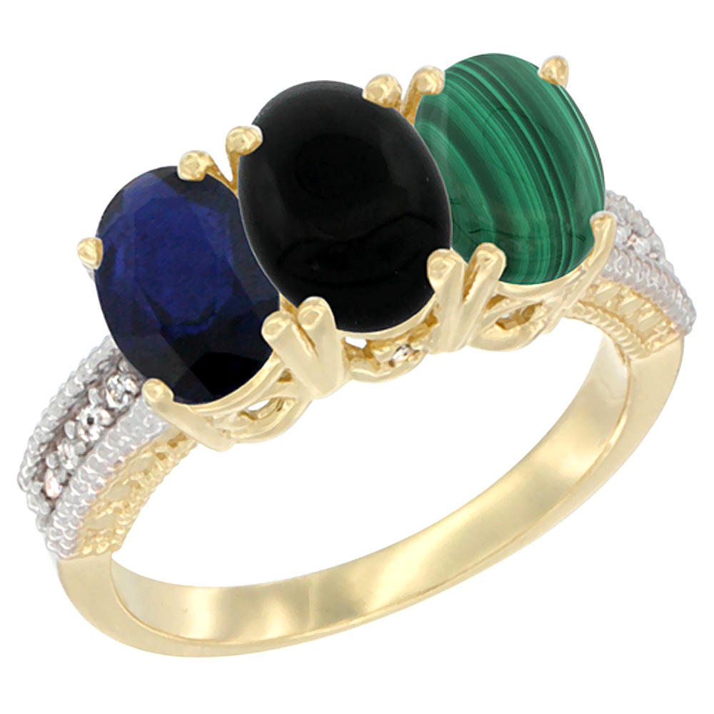 14K Yellow Gold Natural Blue Sapphire, Black Onyx & Malachite Ring 3-Stone 7x5 mm Oval Diamond Accent, sizes 5 - 10