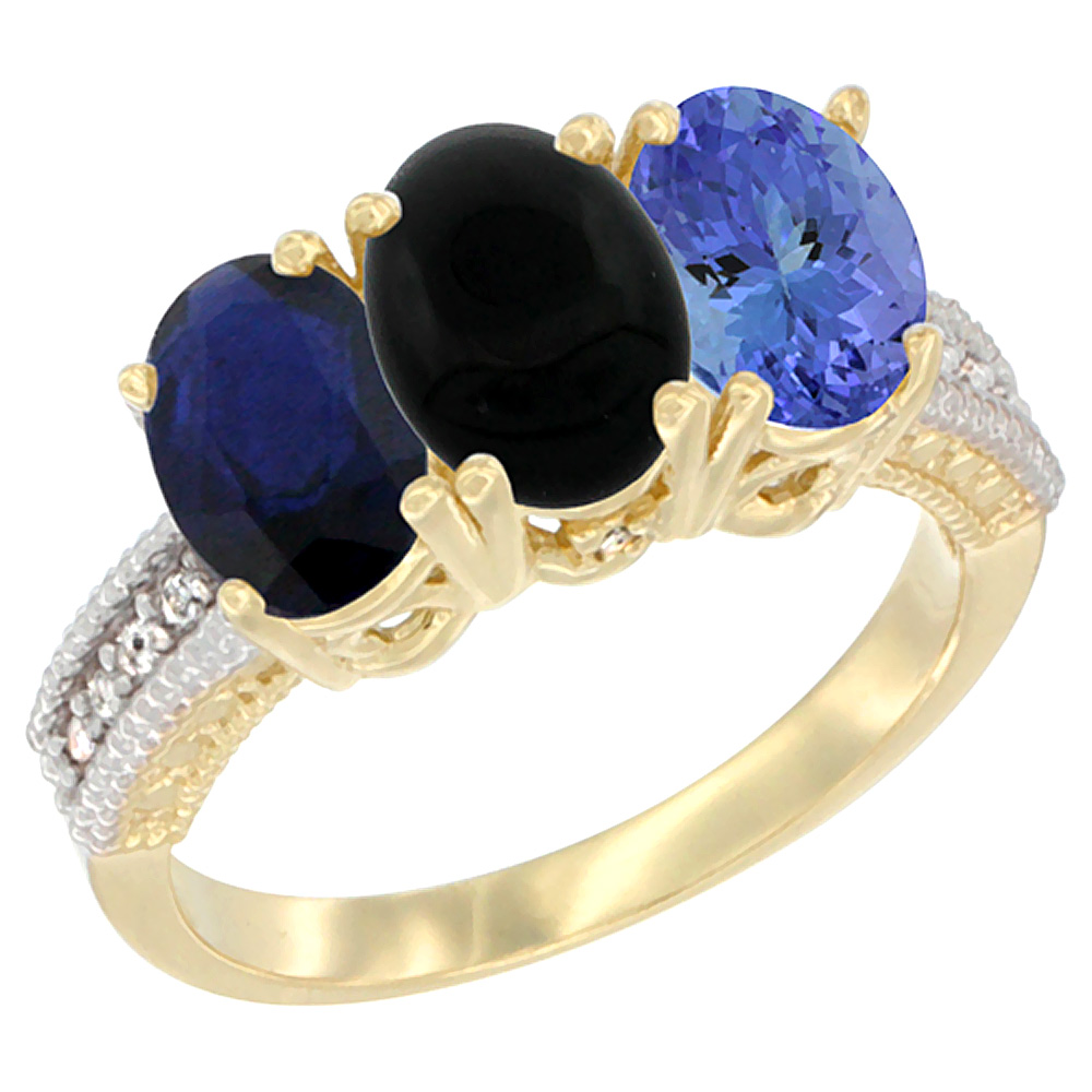 14K Yellow Gold Natural Blue Sapphire, Black Onyx &amp; Tanzanite Ring 3-Stone 7x5 mm Oval Diamond Accent, sizes 5 - 10