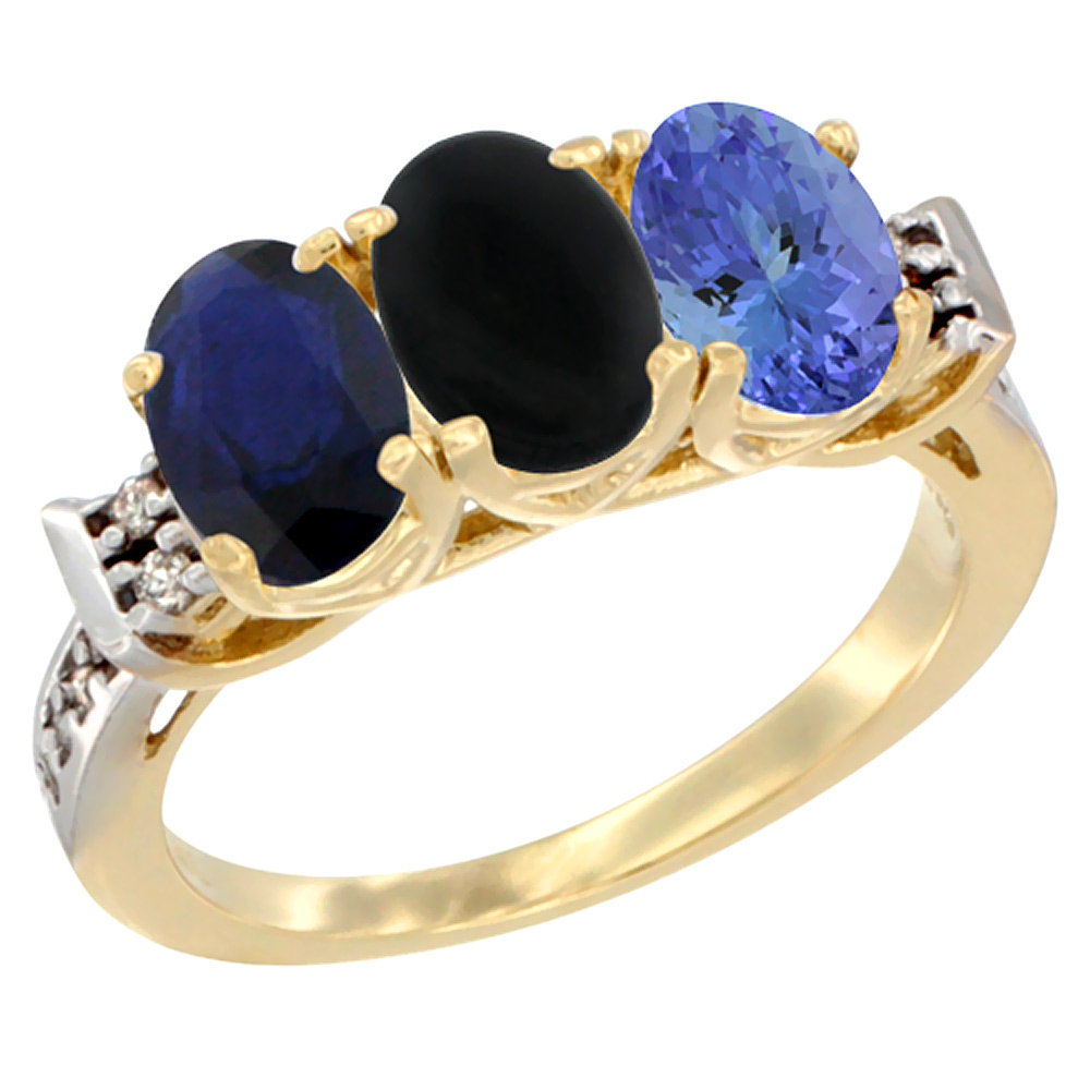 14K Yellow Gold Natural Blue Sapphire, Black Onyx &amp; Tanzanite Ring 3-Stone Oval 7x5 mm Diamond Accent, sizes 5 - 10