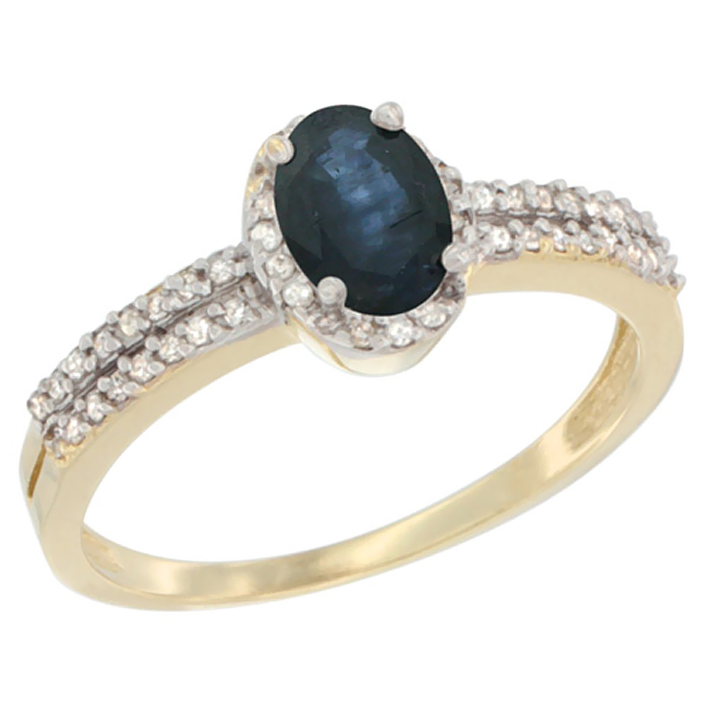 10K Yellow Gold Diamond Natural Quality Blue Sapphire Engagement Ring Oval 6x4mm, size 5-10