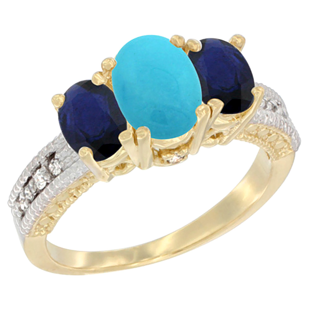 10K Yellow Gold Ladies Oval Natural Turquoise Ring 3-stone with Blue Sapphire Sides Diamond Accent