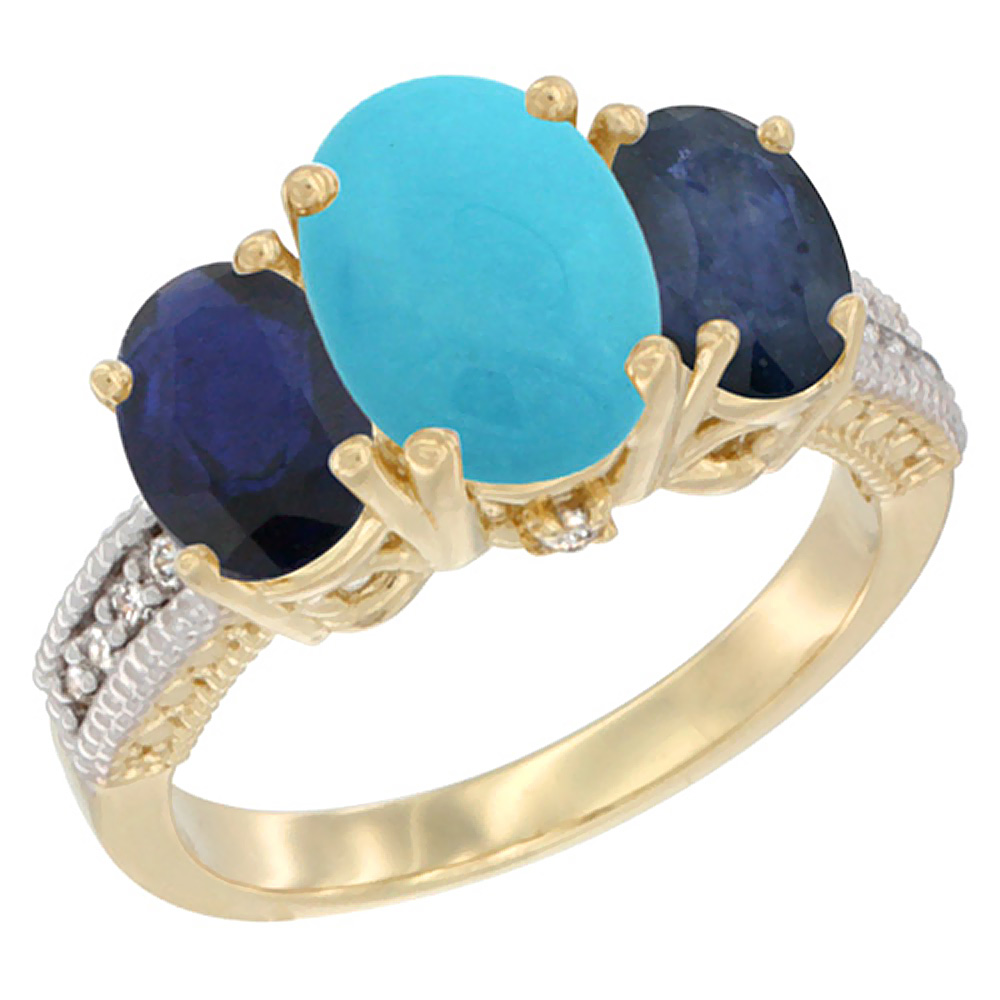 14K Yellow Gold Diamond Natural Turquoise Ring 3-Stone Oval 8x6mm with Blue Sapphire, sizes5-10