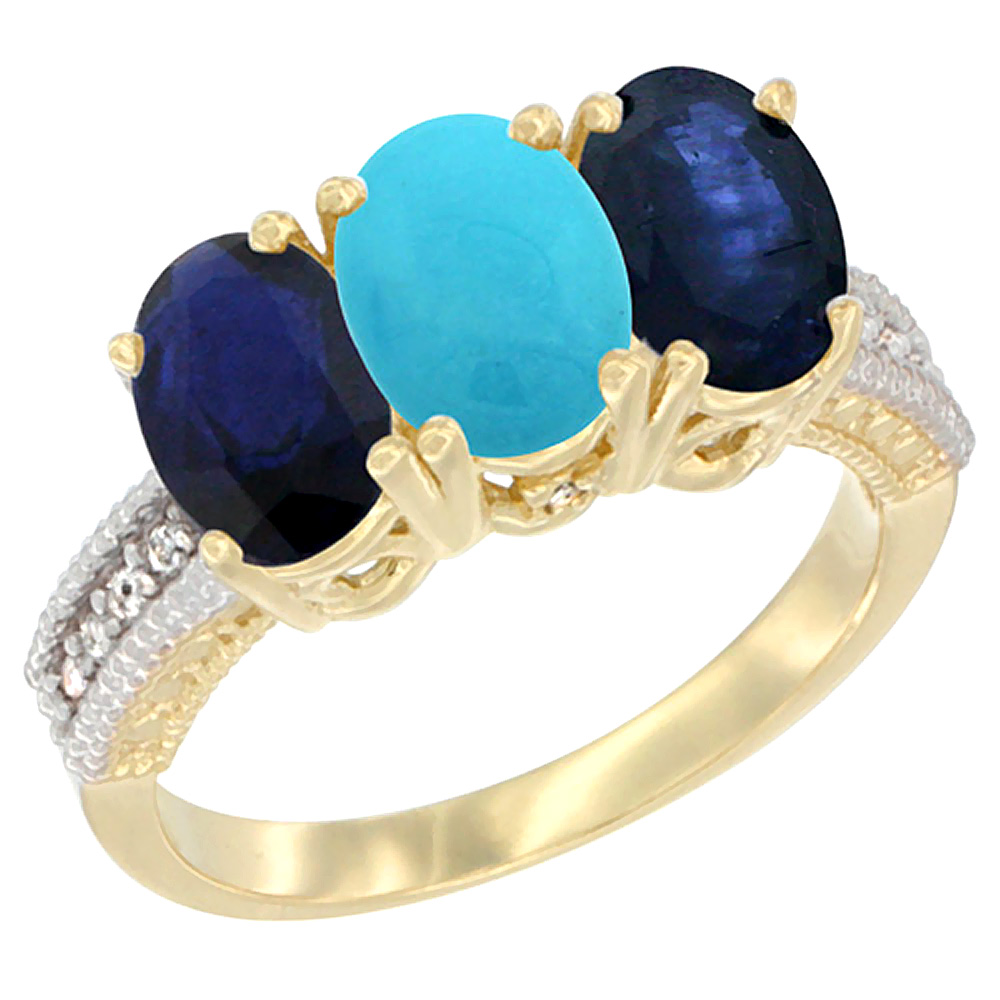 14K Yellow Gold Natural Turquoise &amp; Blue Sapphire Sides Ring 3-Stone 7x5 mm Oval Diamond Accent, sizes 5 - 10