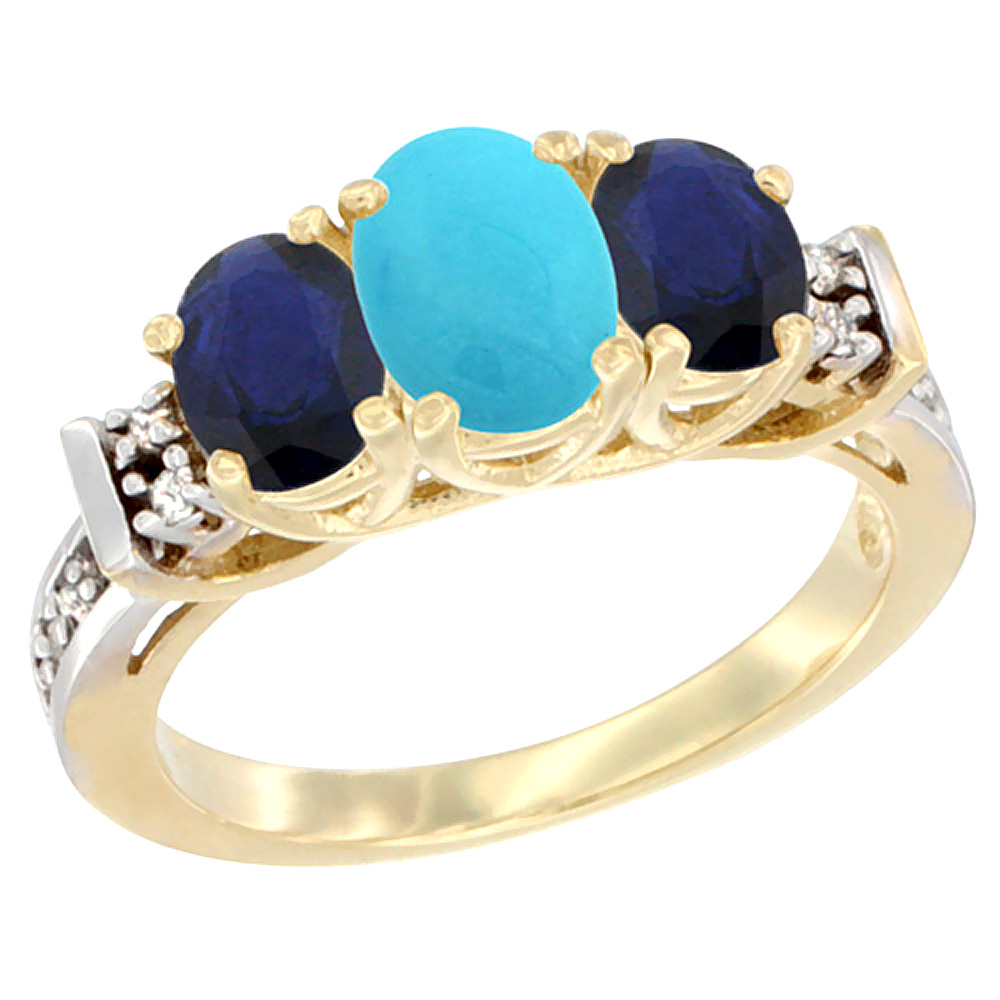 14K Yellow Gold Natural Turquoise &amp; High Quality High Quality Blue Sapphire Sides Ring 3-Stone Oval Diamond Accent