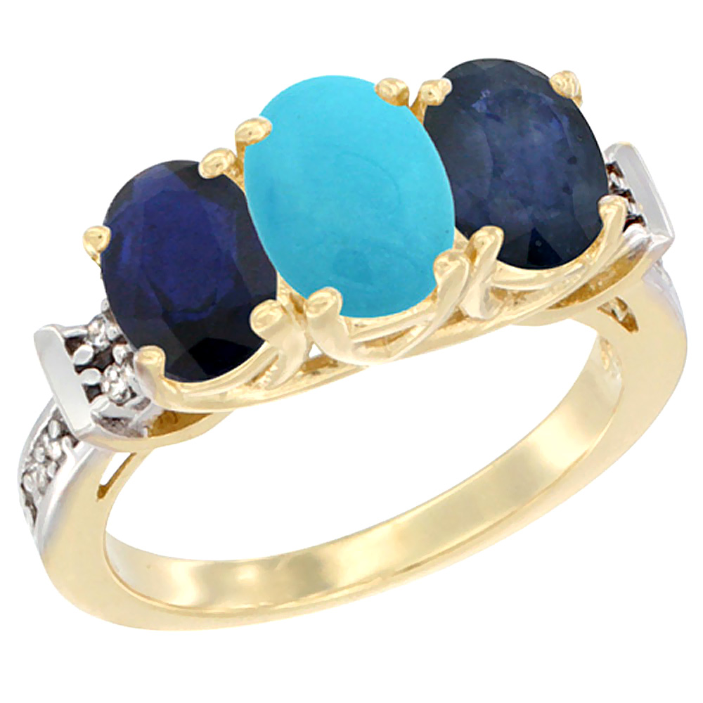 14K Yellow Gold Natural Turquoise & Blue Sapphire Sides Ring 3-Stone Oval Diamond Accent, sizes 5 - 10