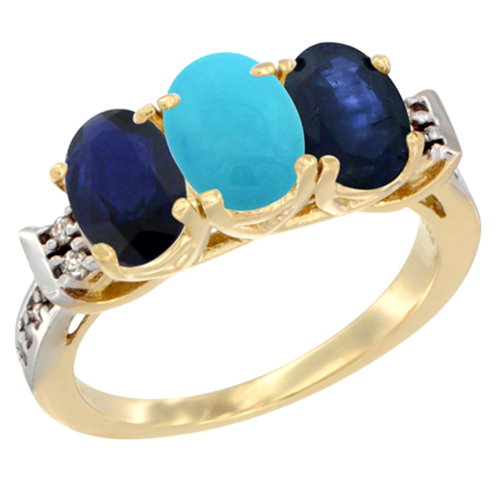 10K Yellow Gold Natural Turquoise & Blue Sapphire Sides Ring 3-Stone Oval 7x5 mm Diamond Accent, sizes 5 - 10