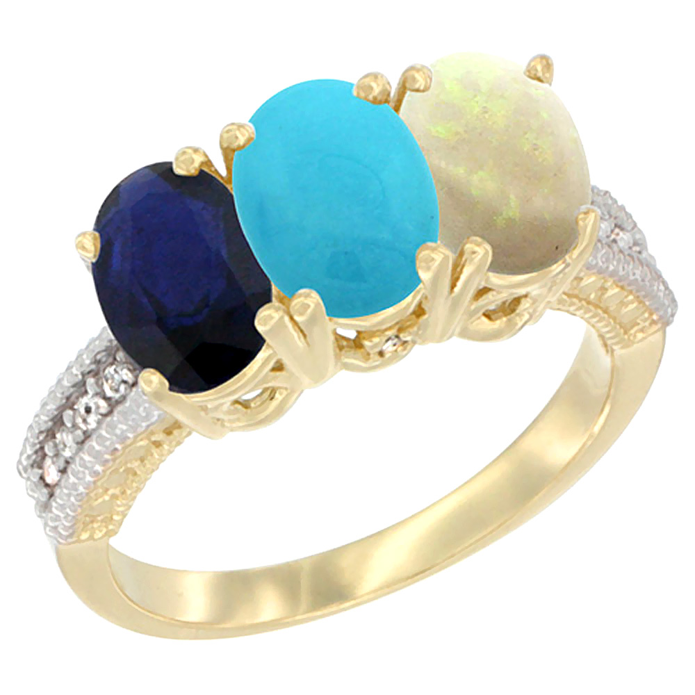 10K Yellow Gold Diamond Natural Blue Sapphire, Turquoise &amp; Opal Ring 3-Stone 7x5 mm Oval, sizes 5 - 10