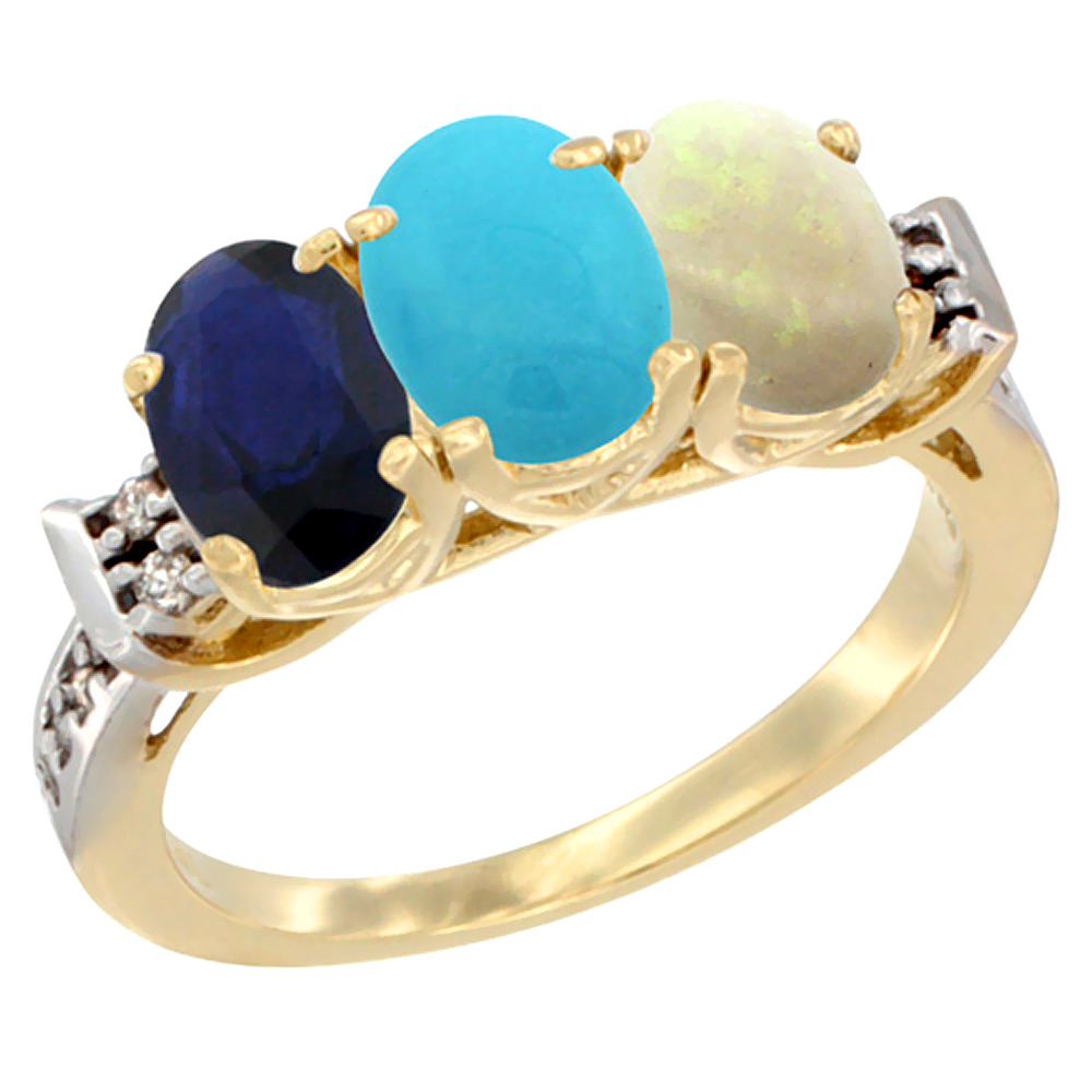 14K Yellow Gold Natural Blue Sapphire, Turquoise & Opal Ring 3-Stone Oval 7x5 mm Diamond Accent, sizes 5 - 10