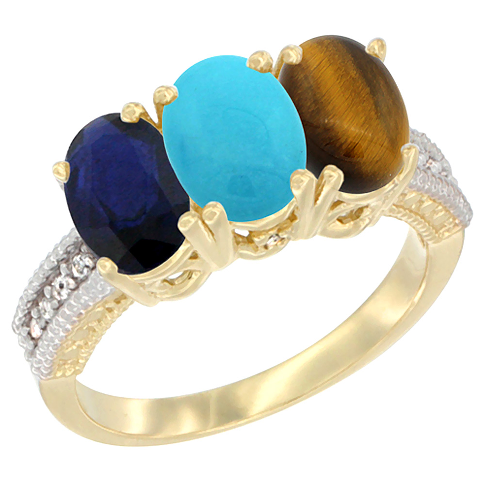14K Yellow Gold Natural Blue Sapphire, Turquoise & Tiger Eye Ring 3-Stone 7x5 mm Oval Diamond Accent, sizes 5 - 10