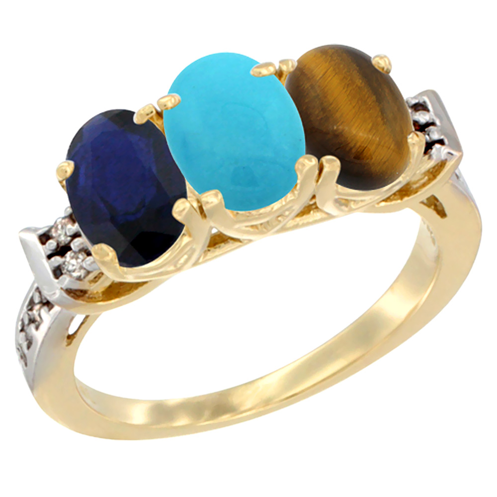 10K Yellow Gold Natural Blue Sapphire, Turquoise &amp; Tiger Eye Ring 3-Stone Oval 7x5 mm Diamond Accent, sizes 5 - 10