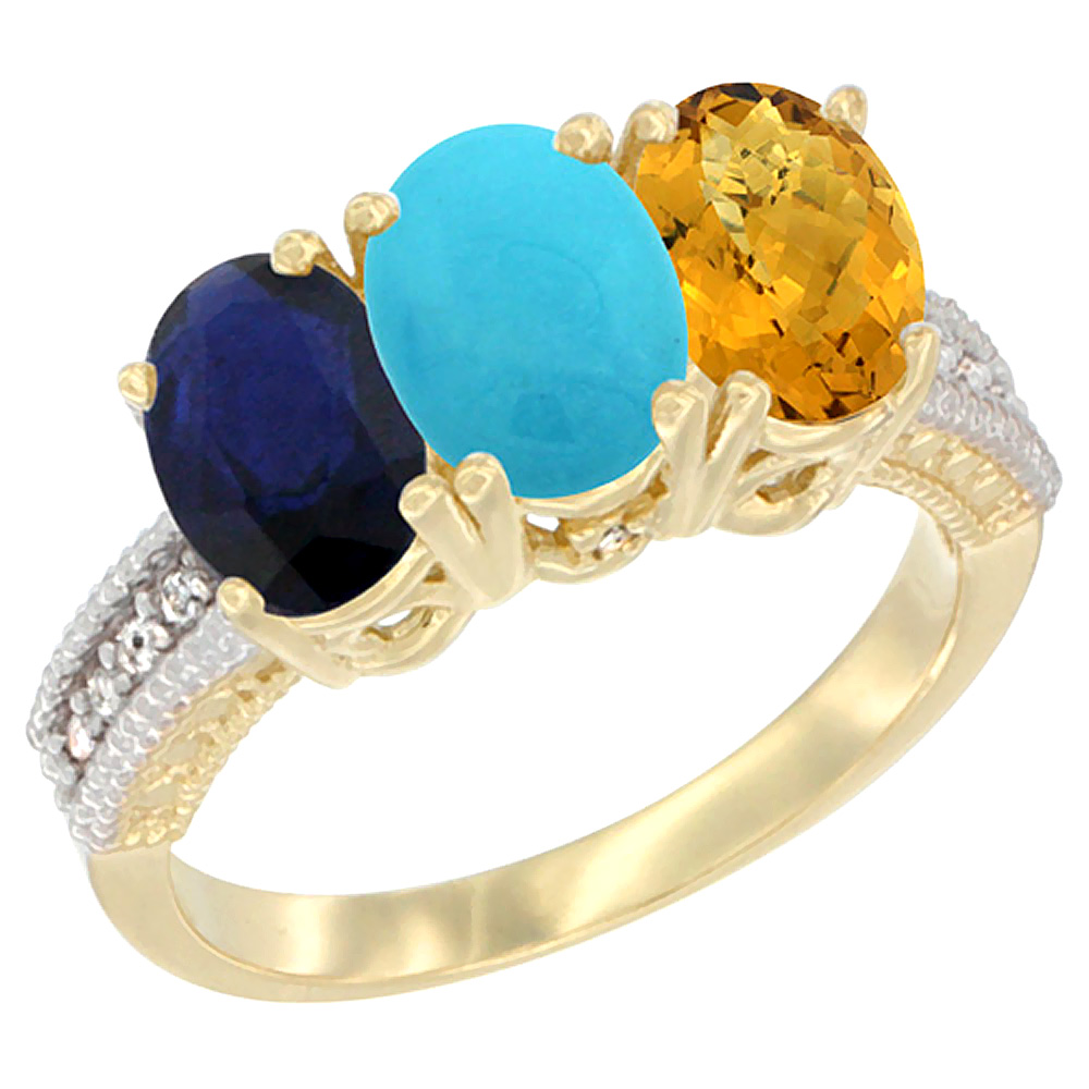 10K Yellow Gold Diamond Natural Blue Sapphire, Turquoise &amp; Whisky Quartz Ring 3-Stone 7x5 mm Oval, sizes 5 - 10