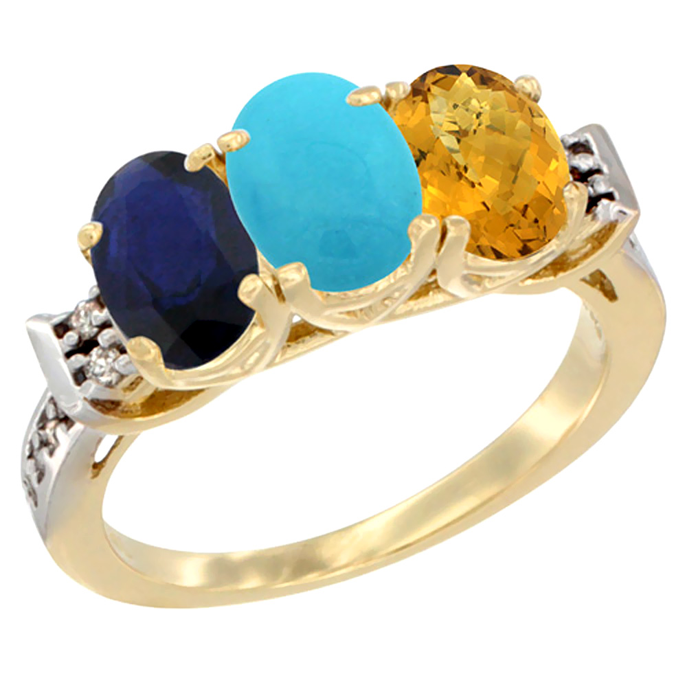 14K Yellow Gold Natural Blue Sapphire, Turquoise & Whisky Quartz Ring 3-Stone Oval 7x5 mm Diamond Accent, sizes 5 - 10