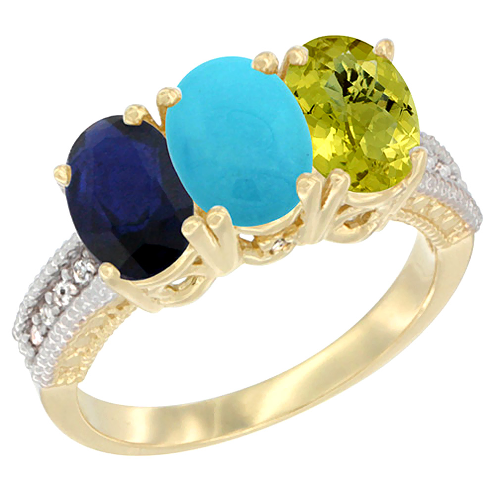 14K Yellow Gold Natural Blue Sapphire, Turquoise &amp; Lemon Quartz Ring 3-Stone 7x5 mm Oval Diamond Accent, sizes 5 - 10