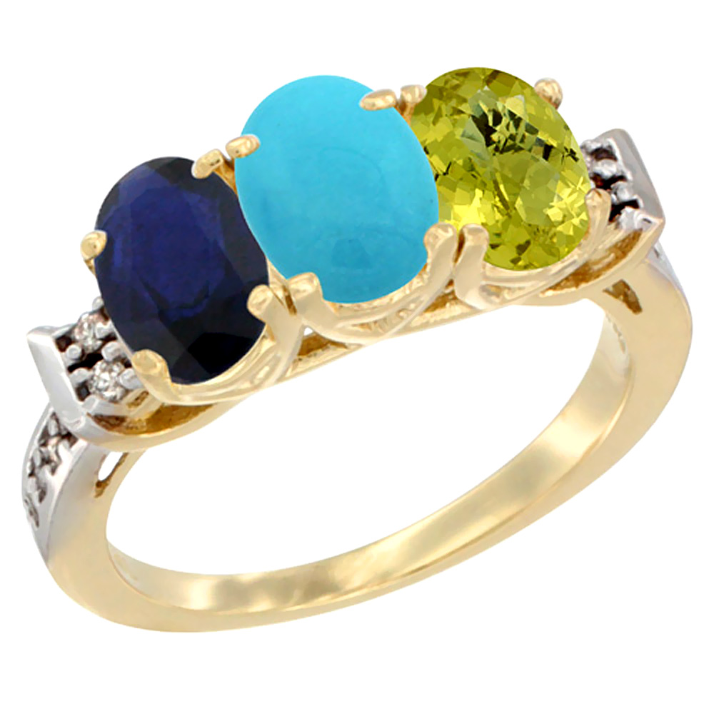 10K Yellow Gold Natural Blue Sapphire, Turquoise & Lemon Quartz Ring 3-Stone Oval 7x5 mm Diamond Accent, sizes 5 - 10