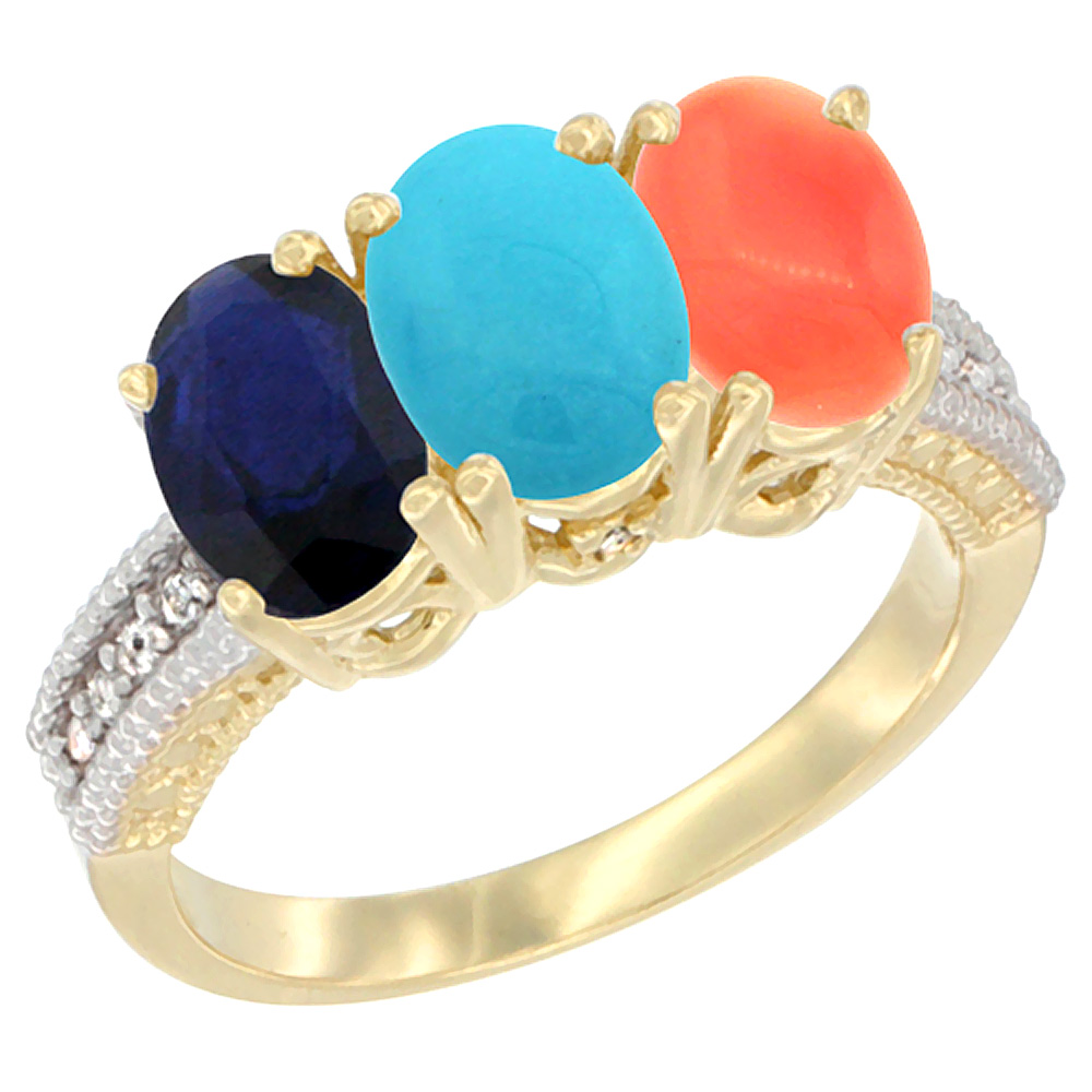 10K Yellow Gold Diamond Natural Blue Sapphire, Turquoise & Coral Ring 3-Stone 7x5 mm Oval, sizes 5 - 10