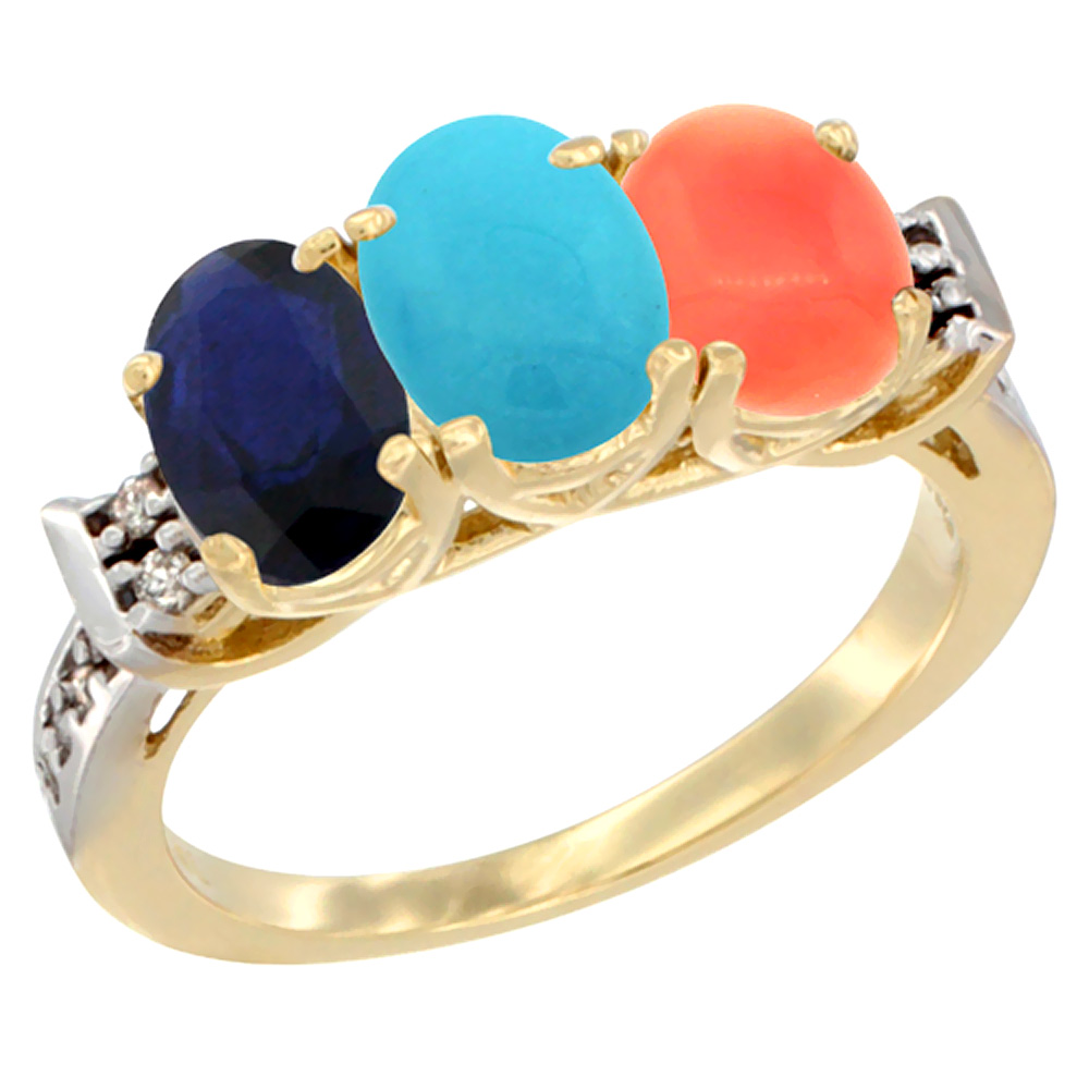 14K Yellow Gold Natural Blue Sapphire, Turquoise & Coral Ring 3-Stone Oval 7x5 mm Diamond Accent, sizes 5 - 10