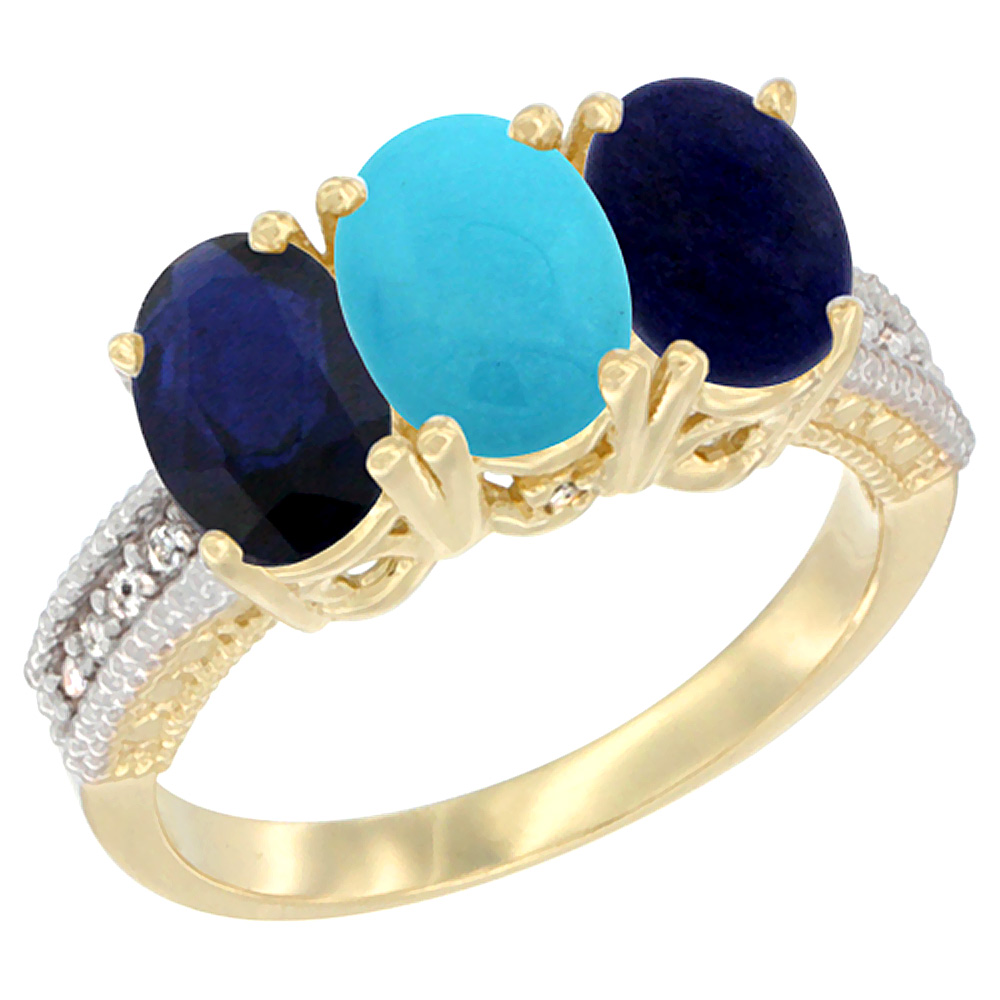14K Yellow Gold Natural Blue Sapphire, Turquoise &amp; Lapis Ring 3-Stone 7x5 mm Oval Diamond Accent, sizes 5 - 10