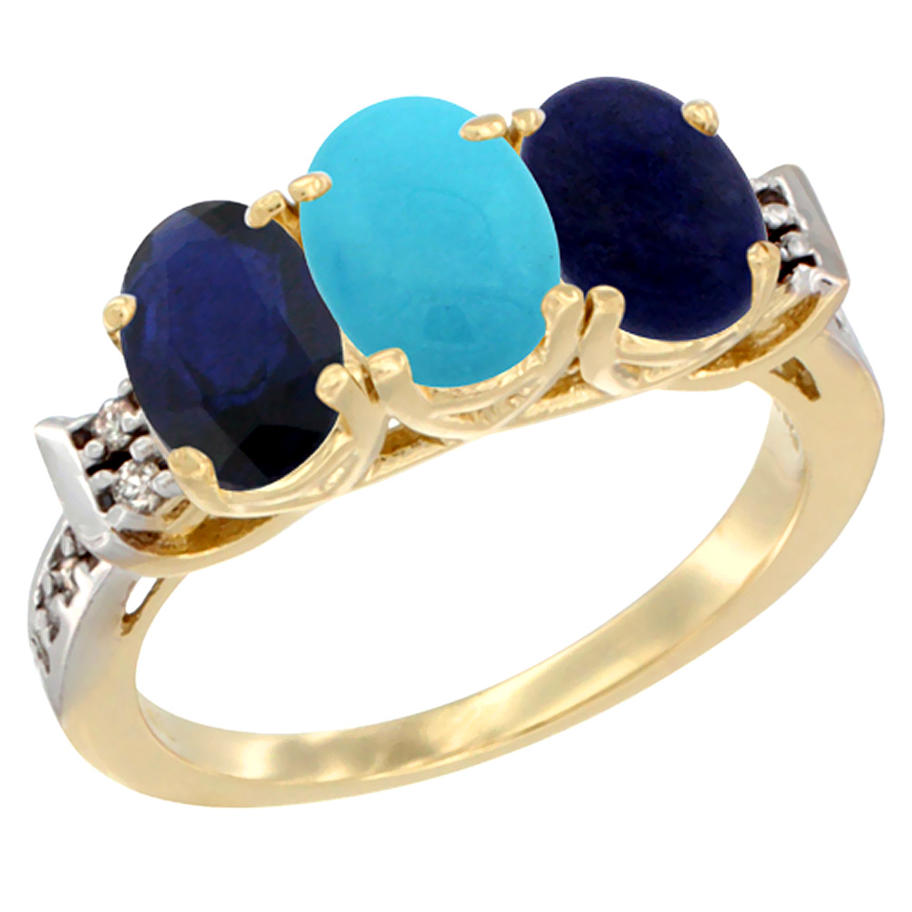 10K Yellow Gold Natural Blue Sapphire, Turquoise &amp; Lapis Ring 3-Stone Oval 7x5 mm Diamond Accent, sizes 5 - 10
