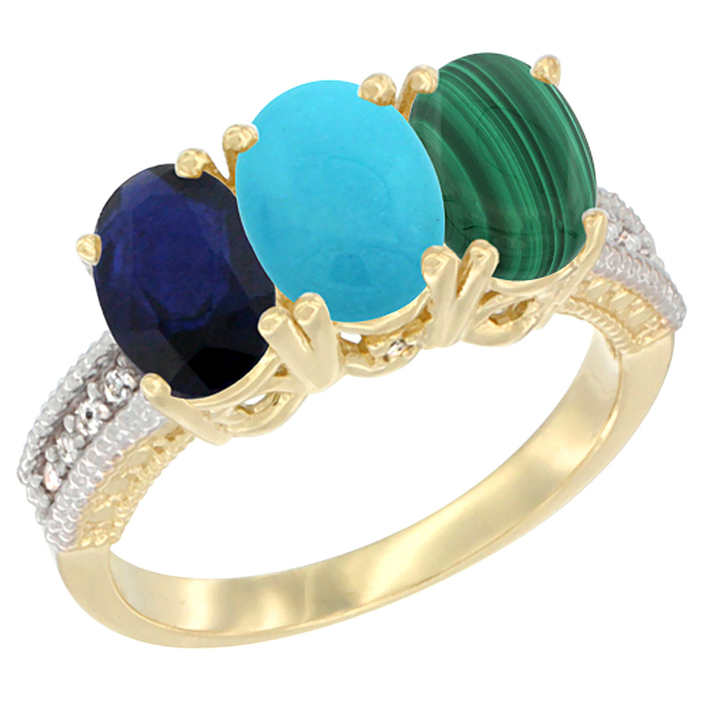 14K Yellow Gold Natural Blue Sapphire, Turquoise &amp; Malachite Ring 3-Stone 7x5 mm Oval Diamond Accent, sizes 5 - 10