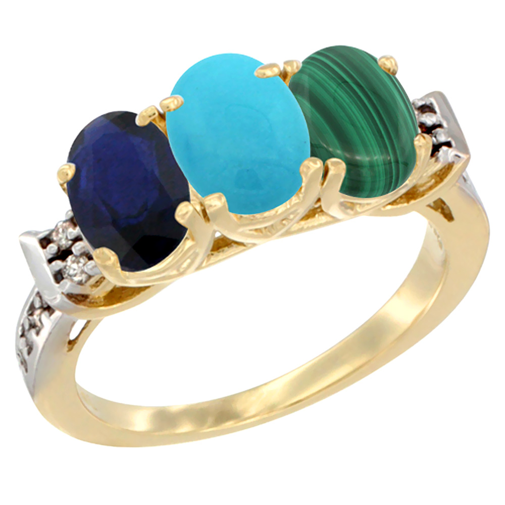 14K Yellow Gold Natural Blue Sapphire, Turquoise & Malachite Ring 3-Stone Oval 7x5 mm Diamond Accent, sizes 5 - 10
