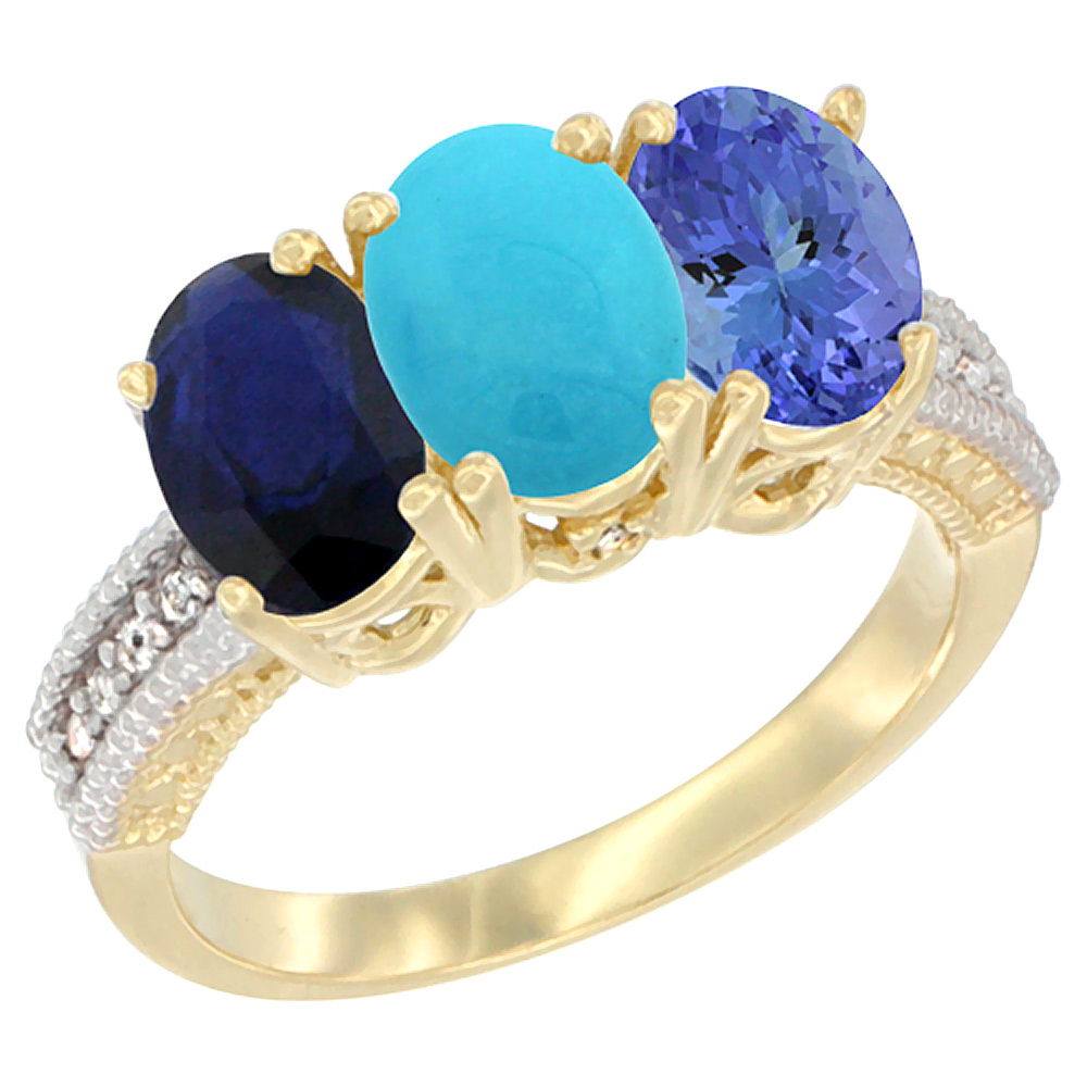 14K Yellow Gold Natural Blue Sapphire, Turquoise &amp; Tanzanite Ring 3-Stone 7x5 mm Oval Diamond Accent, sizes 5 - 10