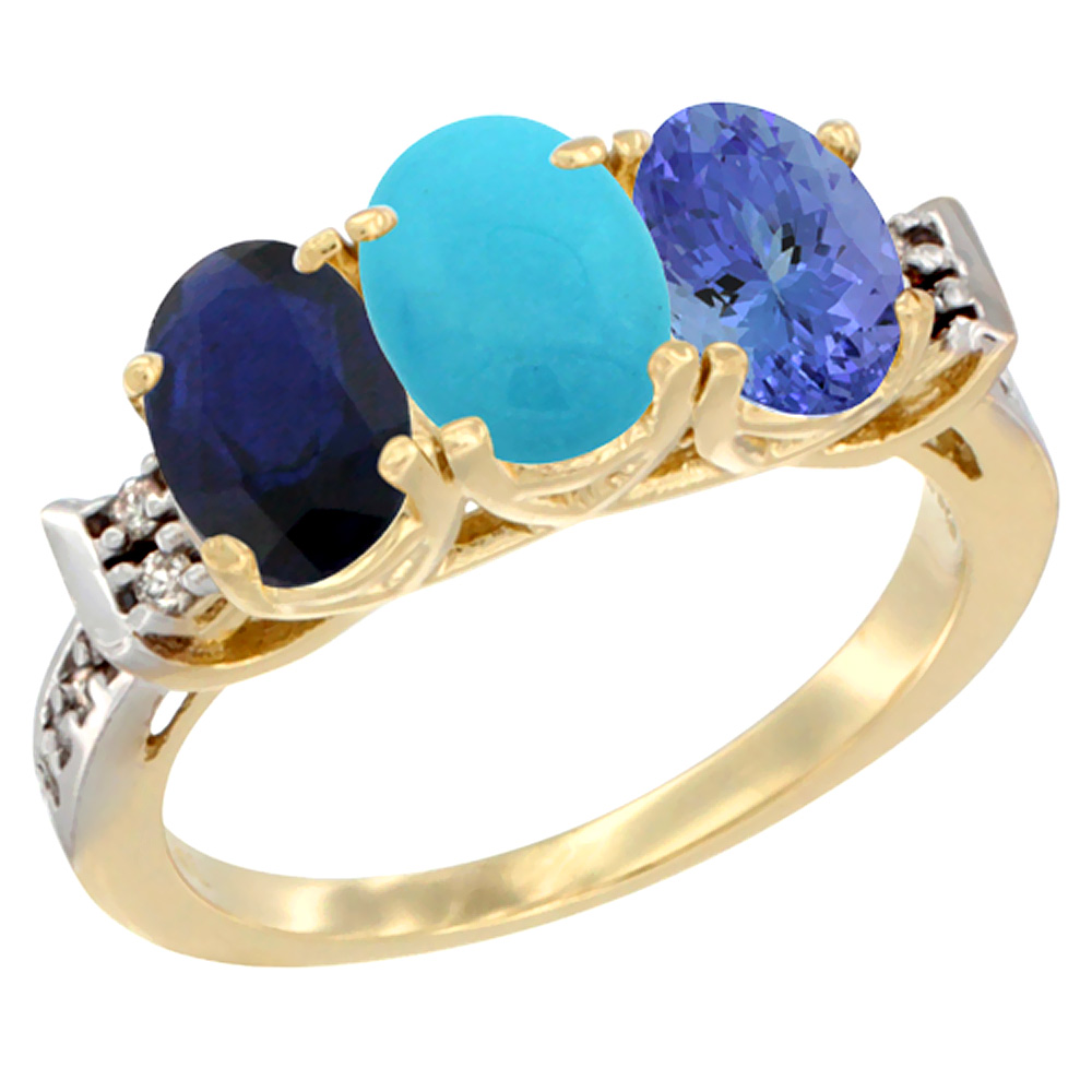 10K Yellow Gold Natural Blue Sapphire, Turquoise &amp; Tanzanite Ring 3-Stone Oval 7x5 mm Diamond Accent, sizes 5 - 10