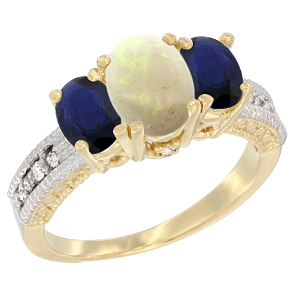 10K Yellow Gold Ladies Oval Natural Opal Ring 3-stone with Blue Sapphire Sides Diamond Accent