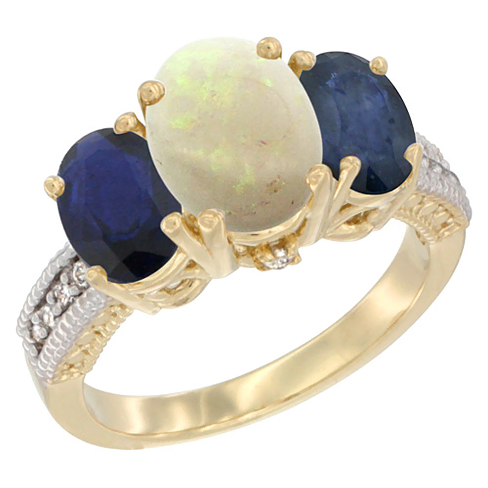 14K Yellow Gold Diamond Natural Opal Ring 3-Stone Oval 8x6mm with Blue Sapphire, sizes5-10
