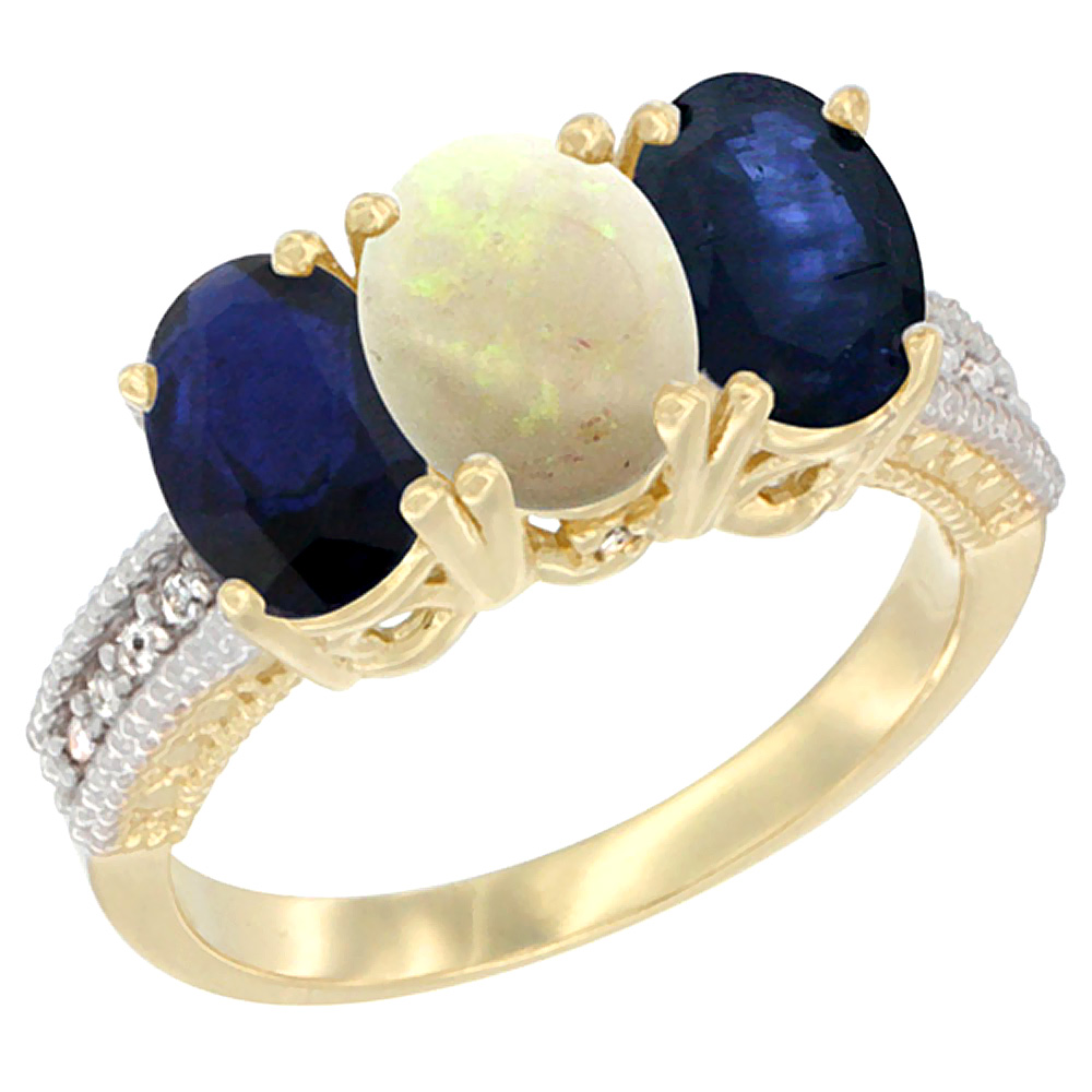 14K Yellow Gold Natural Opal &amp; Blue Sapphire Sides Ring 3-Stone 7x5 mm Oval Diamond Accent, sizes 5 - 10