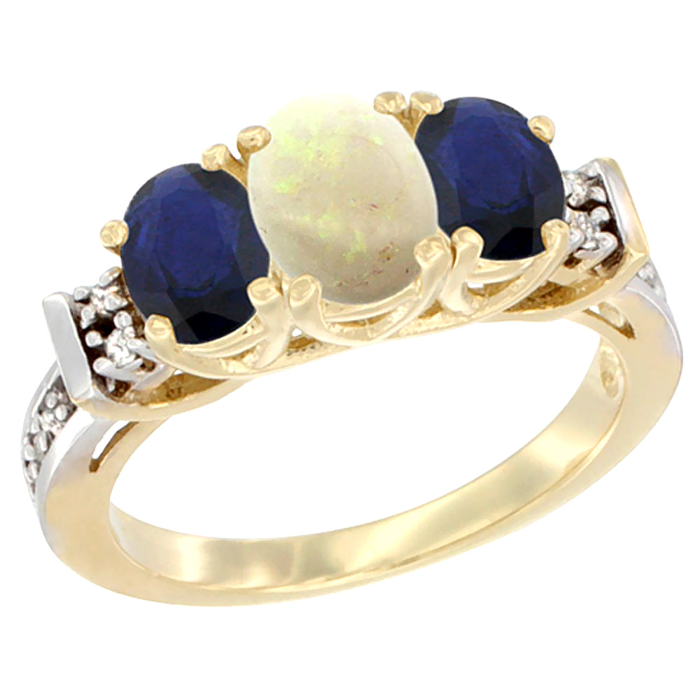 14K Yellow Gold Natural Opal &amp; High Quality Blue Sapphire Ring 3-Stone Oval Diamond Accent