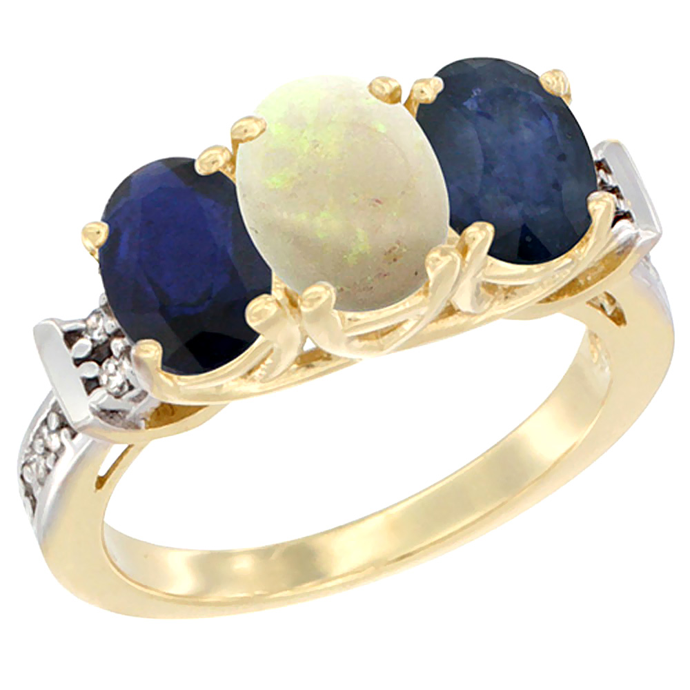 10K Yellow Gold Natural Opal & Blue Sapphire Sides Ring 3-Stone Oval Diamond Accent, sizes 5 - 10