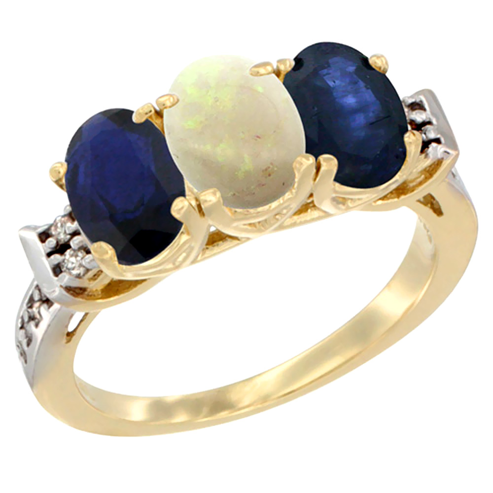 14K Yellow Gold Natural Opal &amp; Blue Sapphire Sides Ring 3-Stone Oval 7x5 mm Diamond Accent, sizes 5 - 10